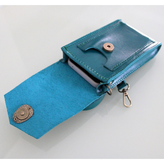 Women's leather mobile phone bag crossbody in turquoise color