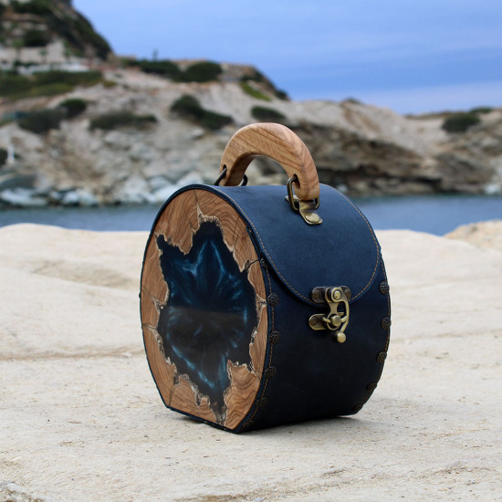 Olive wood handbag SANTORINI - blue leather