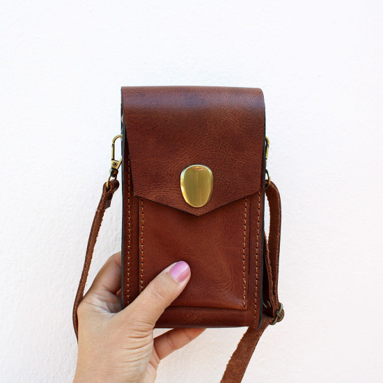 Women's leather mobile phone bag crossbody in chocolate brown color