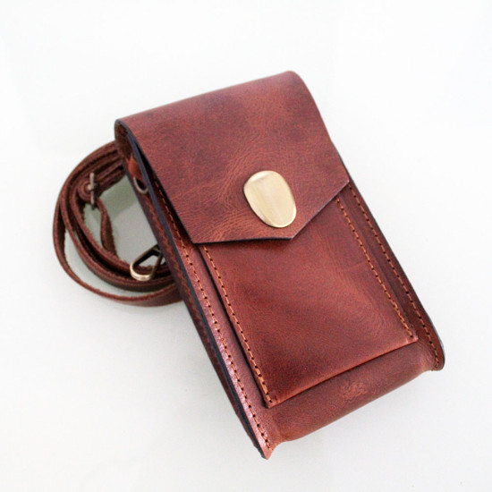 Women's leather mobile phone bag crossbody in chocolate brown color