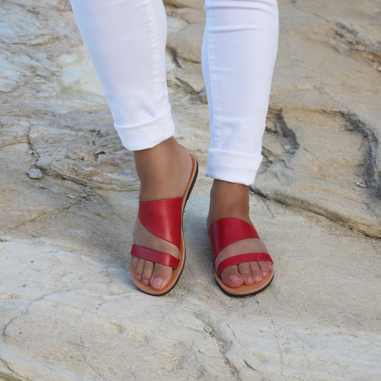 Women's Lyttos sandals in a beautiful pomegranate colour with a unique geometric design